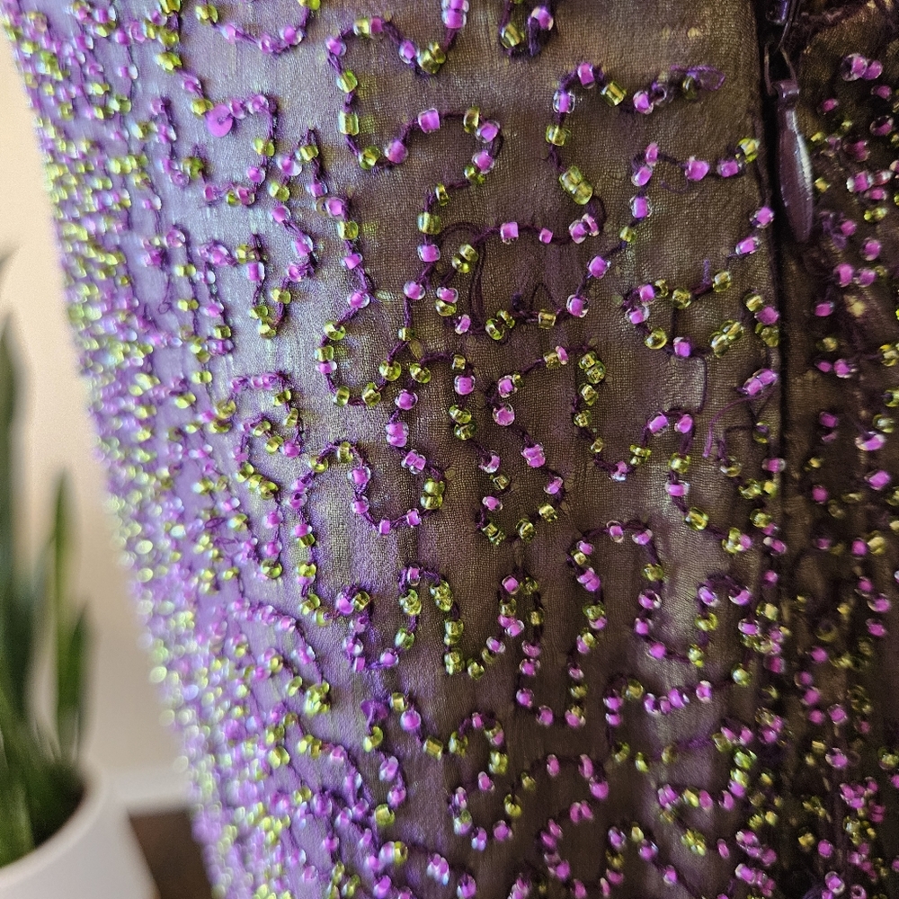 Je Matadi Gown Beaded Silk Fabric Shell Prom Formal Glam Purple Green Dress - Picture 15 of 17